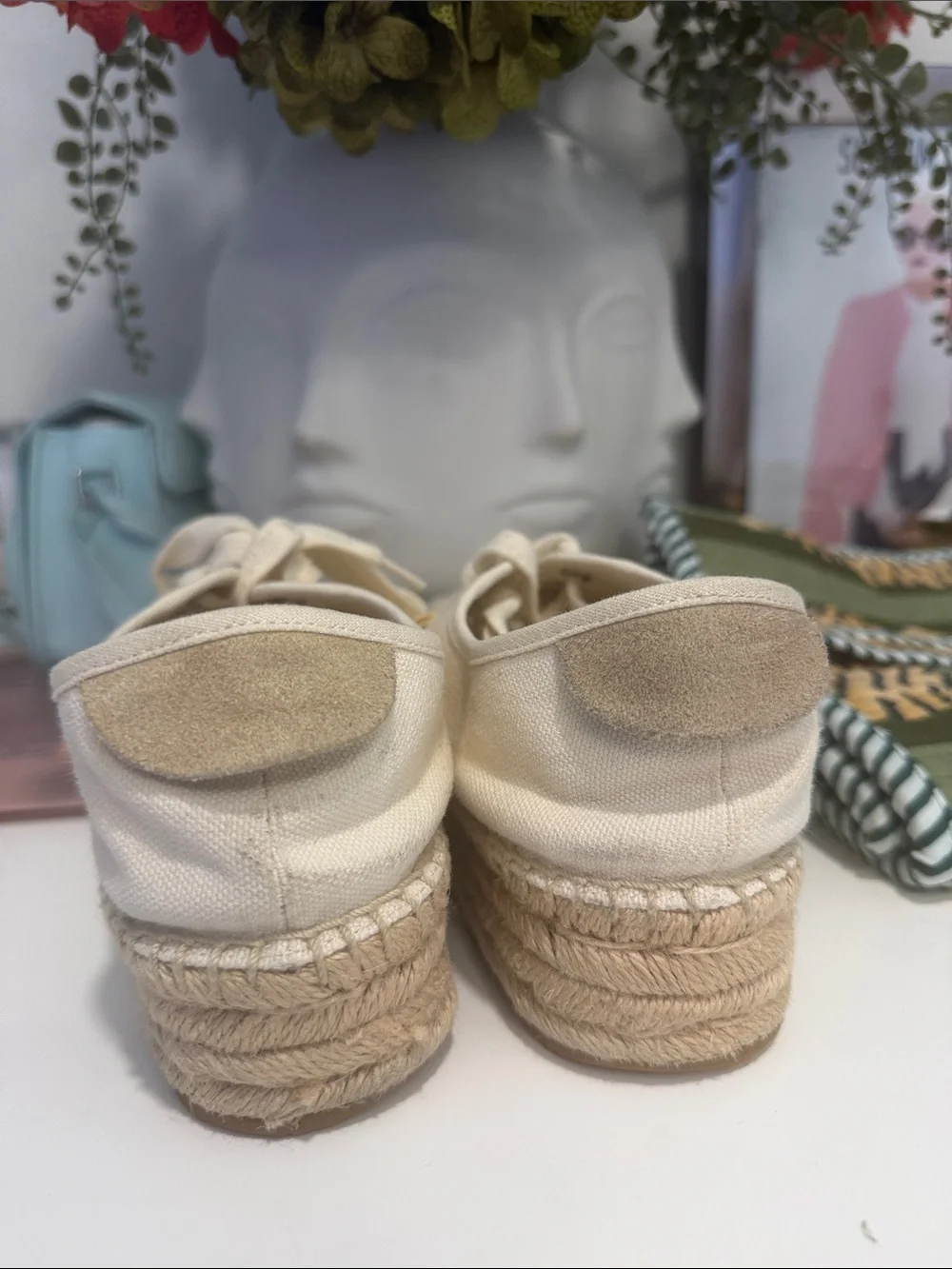 Tory Burch used scuffed Platform Espadrille Sneaker - Cream Canvas Lace-Up